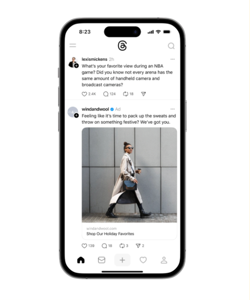 Threads app ad example showing a windandwool sponsored post in the feed