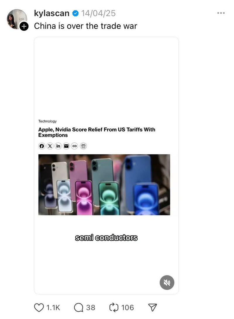 News-driven finance content example showing creator post about Apple and Nvidia tariff relief with smartphone image.