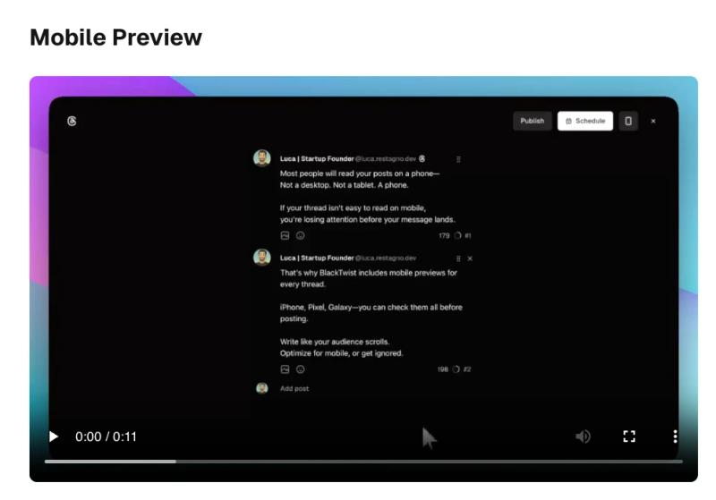 BlackTwist mobile preview showing a social thread as it would appear on a phone.