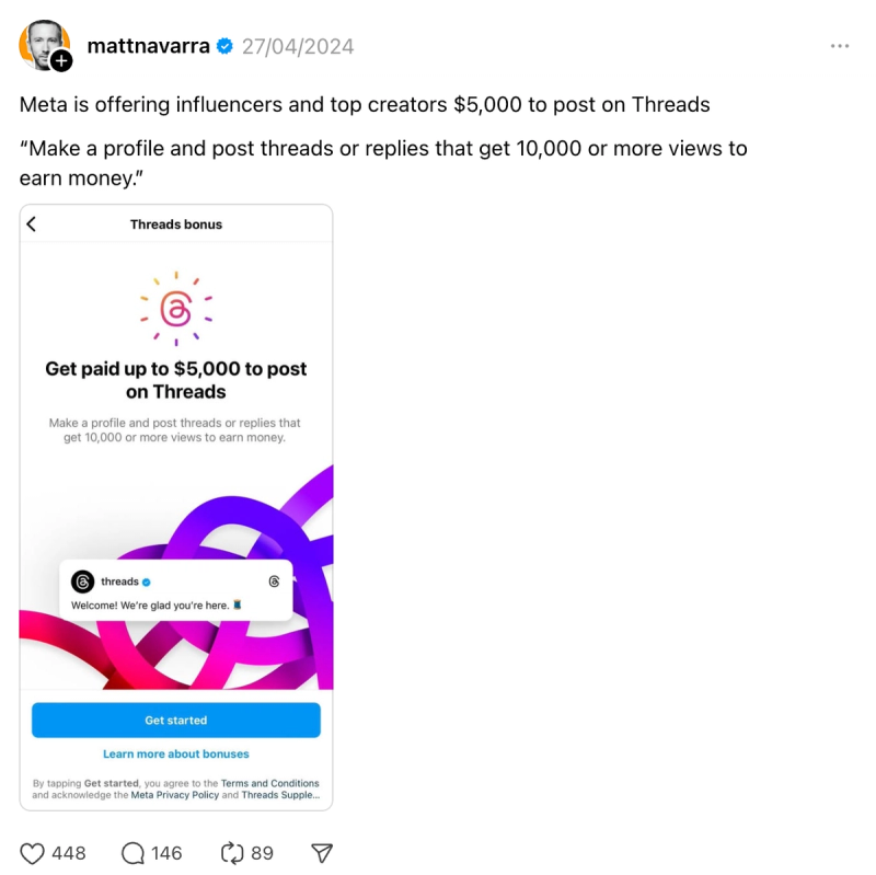 Influencer post about Threads monetization, highlighting Meta’s $5,000 bonus offer for creators.