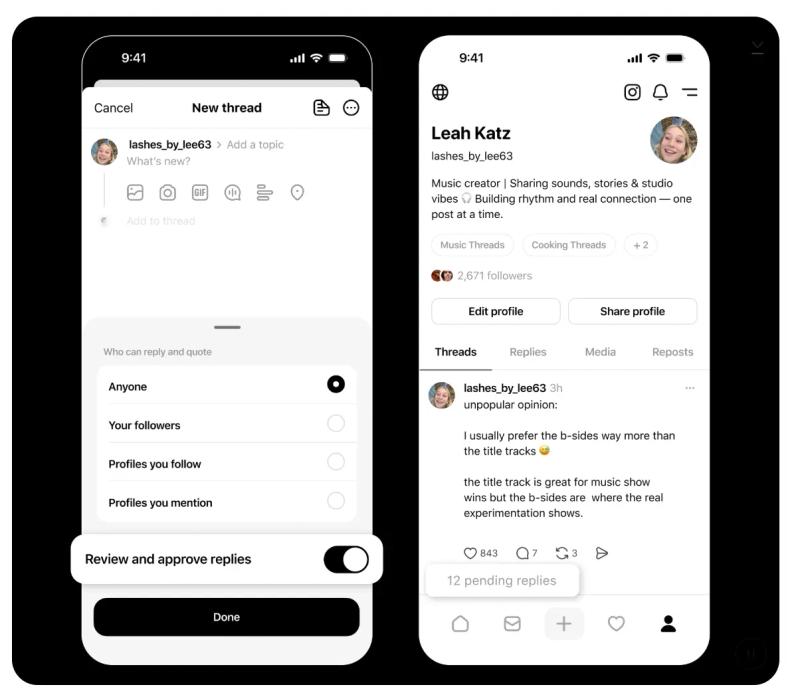 Two Threads screens showing reply controls and the option to review and approve replies before they appear.