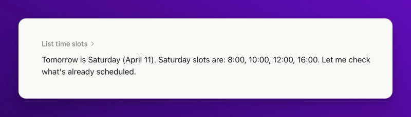 Claude conversation showing the list_time_slots tool call expanded with your configured morning and afternoon posting times returned