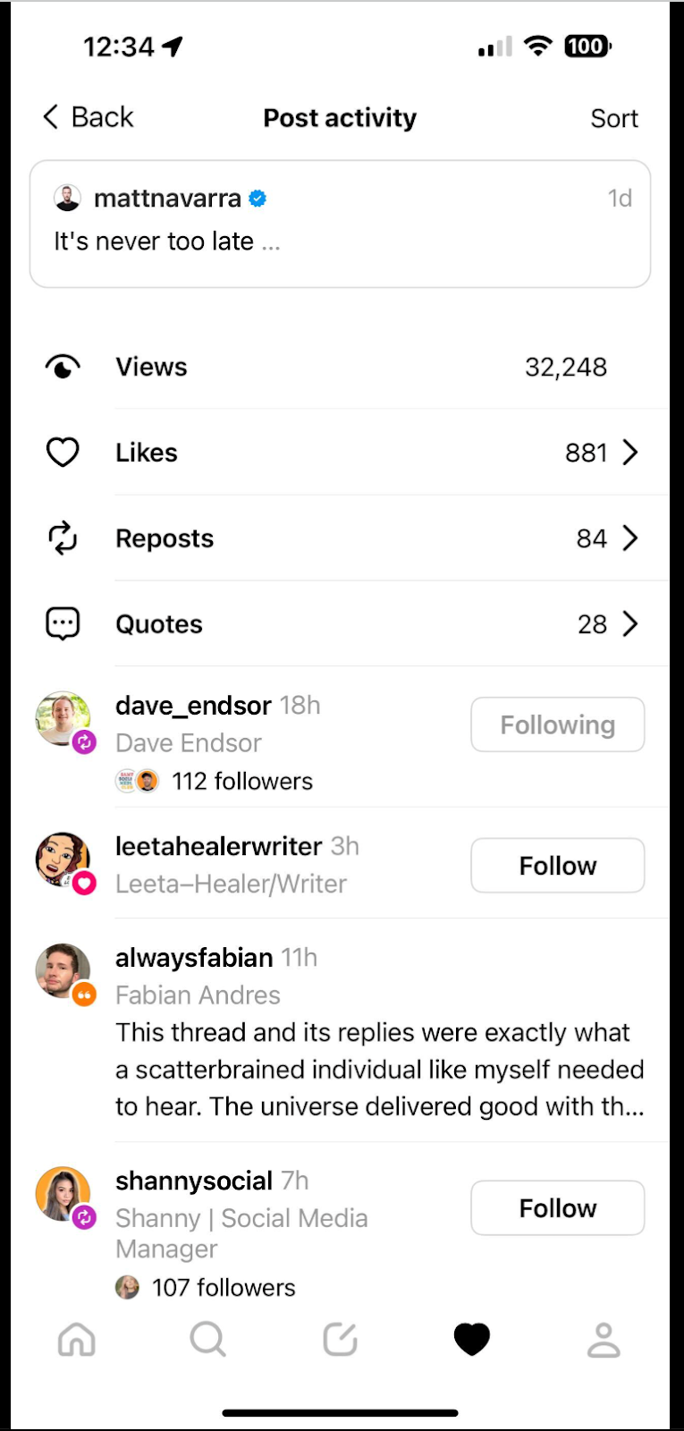 Threads post activity screen showing views, likes, reposts, and quotes.