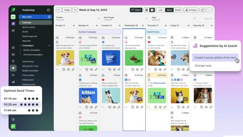 Sprout Social publishing calendar showing scheduled social posts, AI Assist suggestions, and optimal send times.