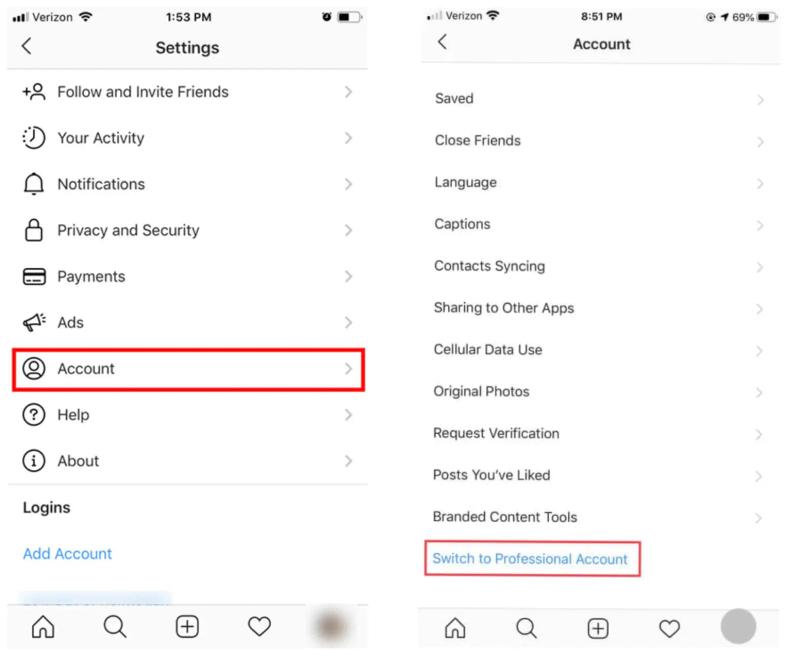 Step-by-step monetization plan illustration showing Instagram settings with option to switch to professional account.