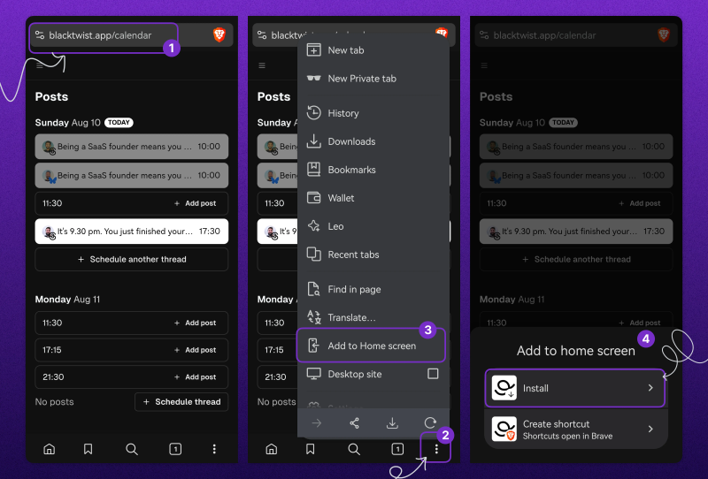 Mobile screenshots demonstrating the process of installing Blacktwist Calendar as a home screen app.