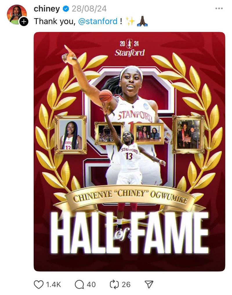 Sports commentary example post celebrating Chiney Ogwumike’s induction into Stanford Hall of Fame on Threads.