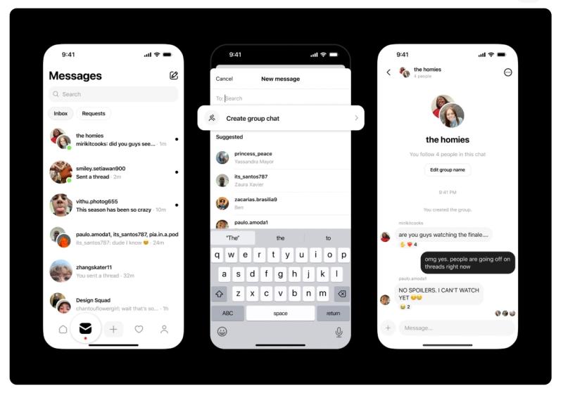 Screenshots of Threads messaging flow, including inbox → New message with ‘Create group chat’ → group chat ‘the homies’ showing conversation and input field.