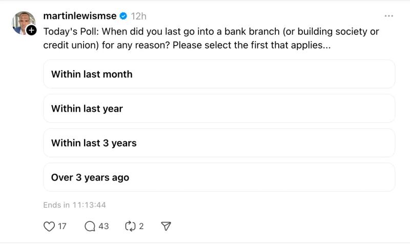 Poll Threads content idea example asking users when they last visited a bank branch with multiple choice options.