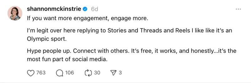 Screenshot of a Threads post by @shannonmckinstrie encouraging creators to boost engagement by replying to Stories, Threads, and Reels, which is context for Meta Threads Monetization.