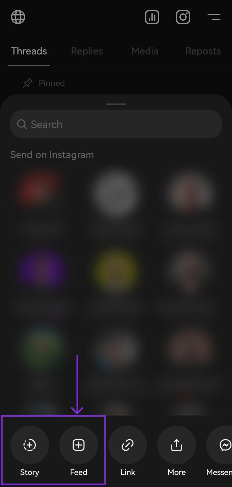 Screenshot of Instagram sharing options highlighting Story and Feed buttons for cross-posting Threads content.