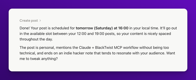 Claude confirmation message showing the post was created successfully with a link to view it in the BlackTwist calendar