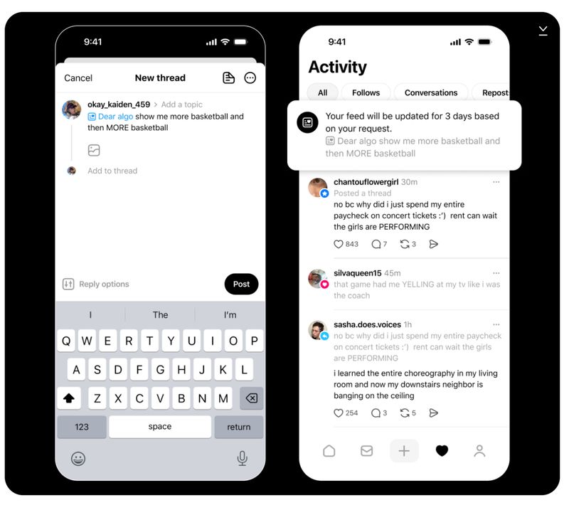 Threads app screenshot showing the 'Dear Algo' feature with a user prompt requesting more basketball content and the Activity feed confirming a 3-day feed update.