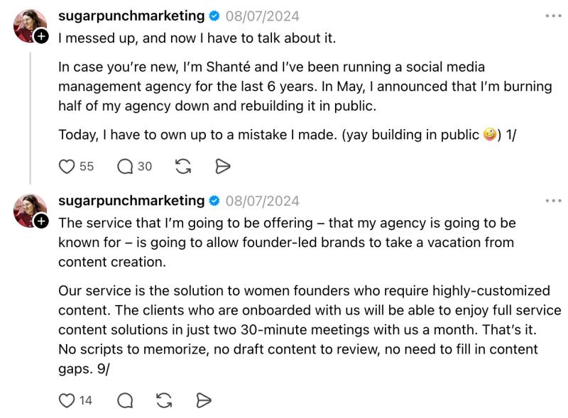 Threads post about social media agency mistake and rebuilding in public.