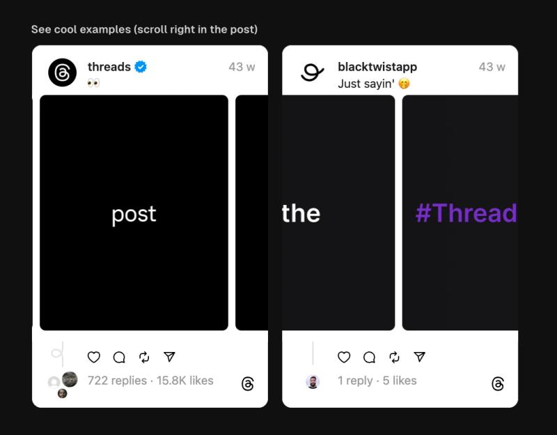 Screenshot showing BlackTwist Carousel Generator feature with Threads post previews in a sliding format.