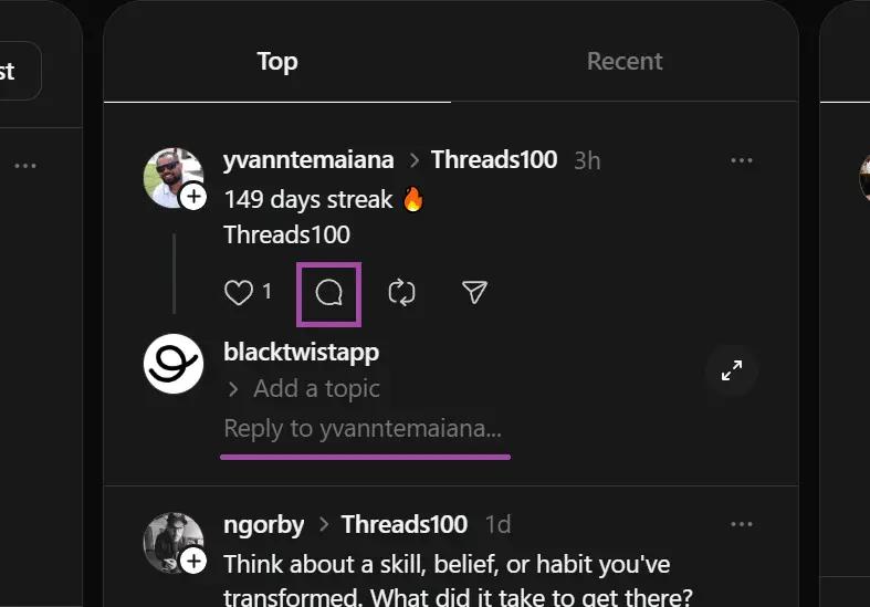 Screenshot of the step in the process in the Threads app indicating how to view comments.