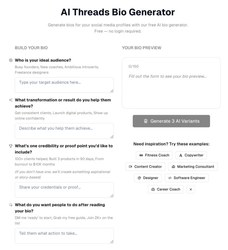 Interface of AI Threads Bio Generator form by BlackTwist, showing fields to build a social media bio and a preview.