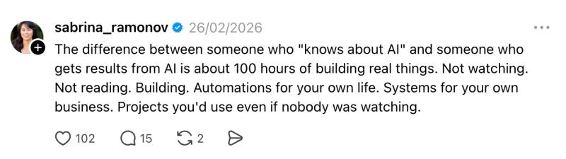 AI thought leadership post on threads about learning by building systems and automations