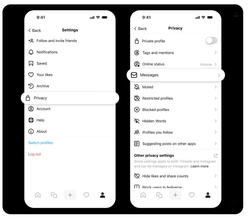 Two Threads app screens showing the path to message privacy settings: Settings > Privacy > Messages.