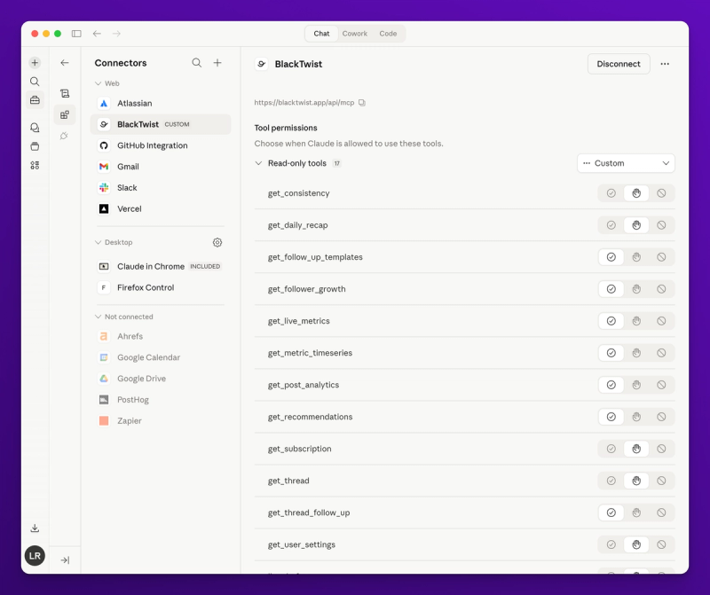 Claude tools menu with BlackTwist listed as a connected server showing tools like create_post, list_posts, get_live_metrics, and get_recommendations