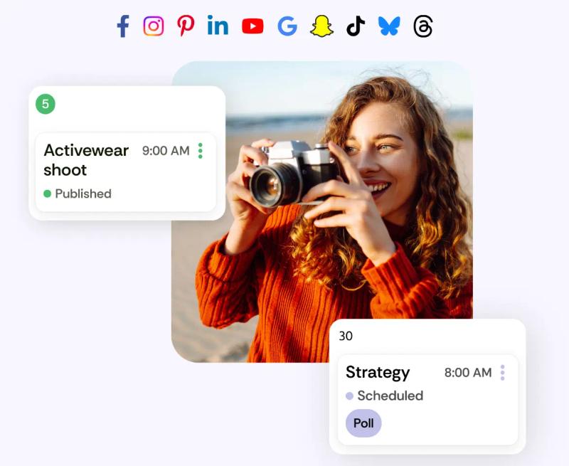 Loomly promo image with social platform icons, a woman holding a camera, and scheduled post cards.