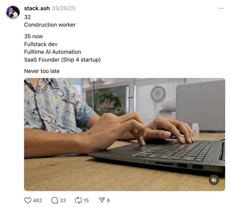 Threads Strategy for Brands example showing a Threads post about a career pivot, with a video thumbnail of hands typing on a laptop.