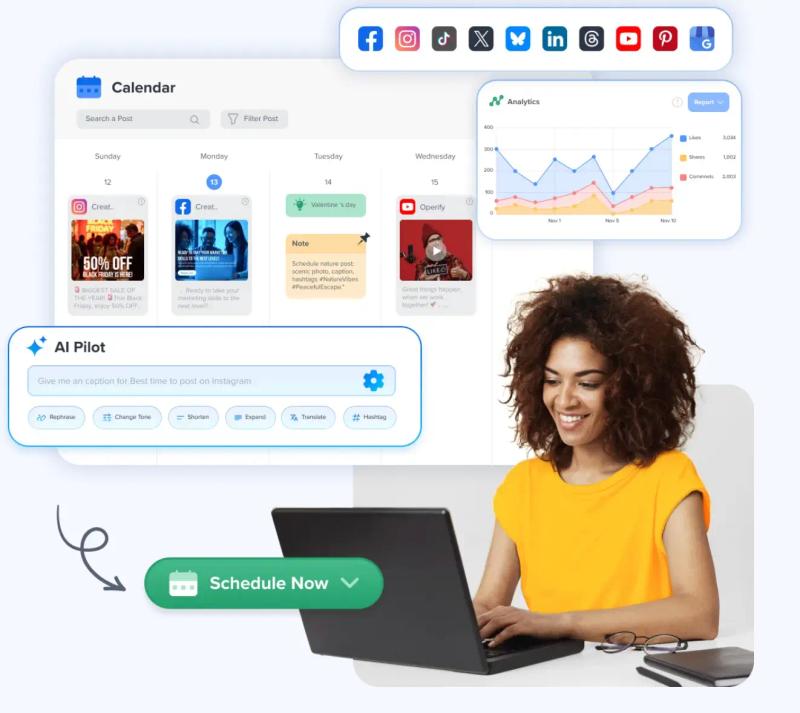 SocialPilot dashboard with a content calendar, analytics panel, AI tools, and a woman using a laptop.