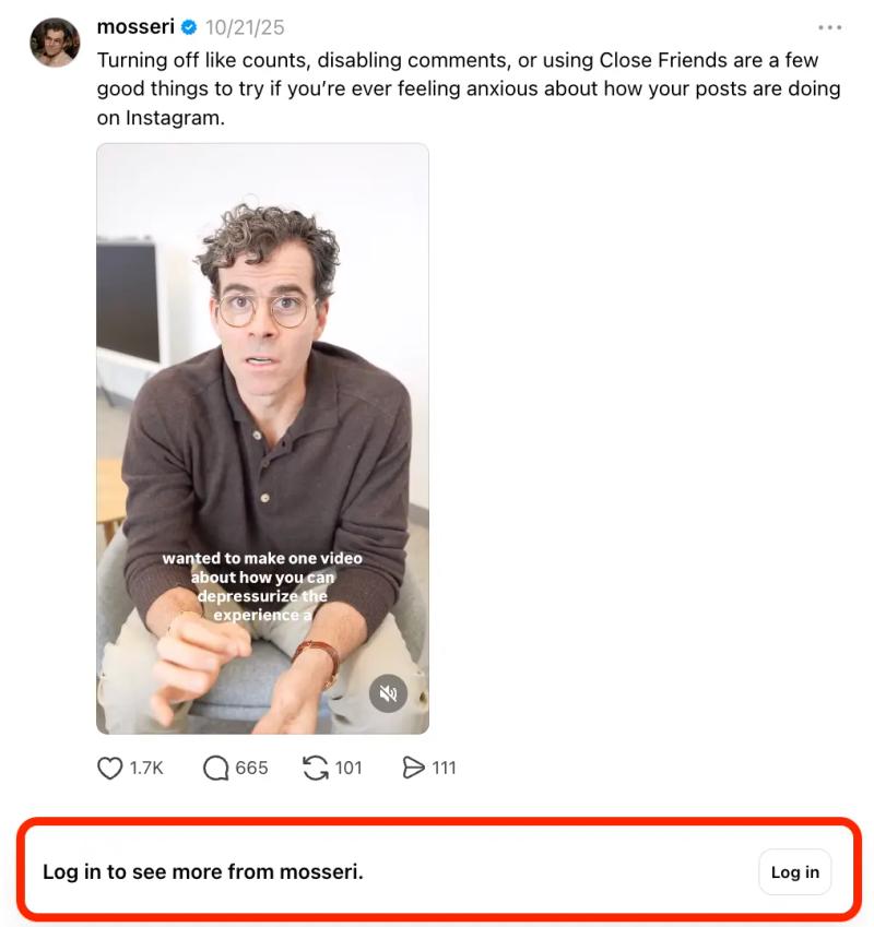 Screenshot of a verified @mosseri Threads post about reducing Instagram anxiety by hiding like counts, with a “Log in to see more” prompt.