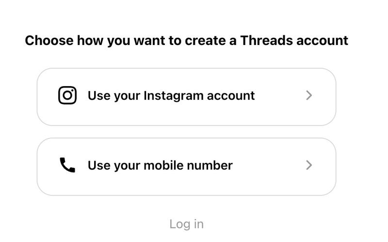 Threads sign-up screen with Instagram account and phone number options.