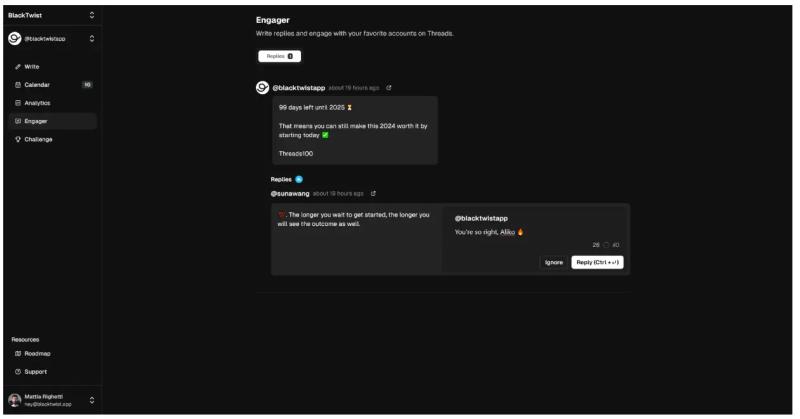 Threads Engager by BlackTwist dashboard showing replies feed and a quick reply composer for engaging on Threads.