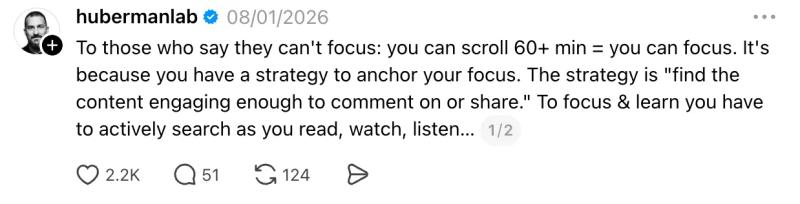 Huberman Lab Threads post on improving focus and active learning.
