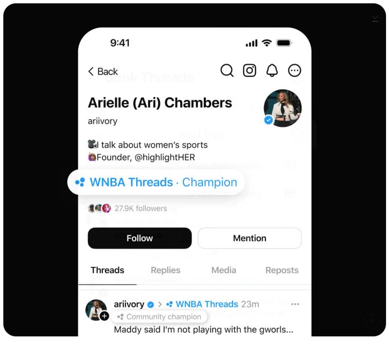 Threads Communities profile screen showing a verified creator with a “WNBA Threads” community champion badge and Follow button.