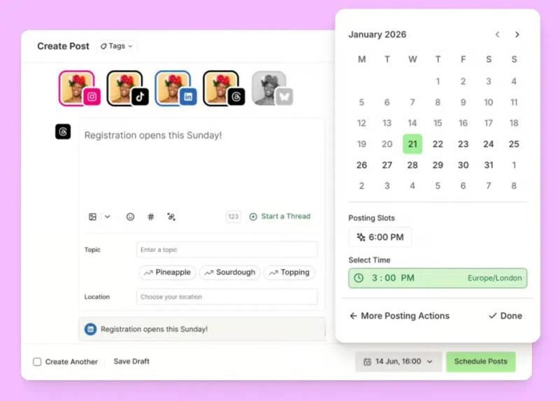 Buffer post composer with multi-platform scheduling calendar and posting time options.