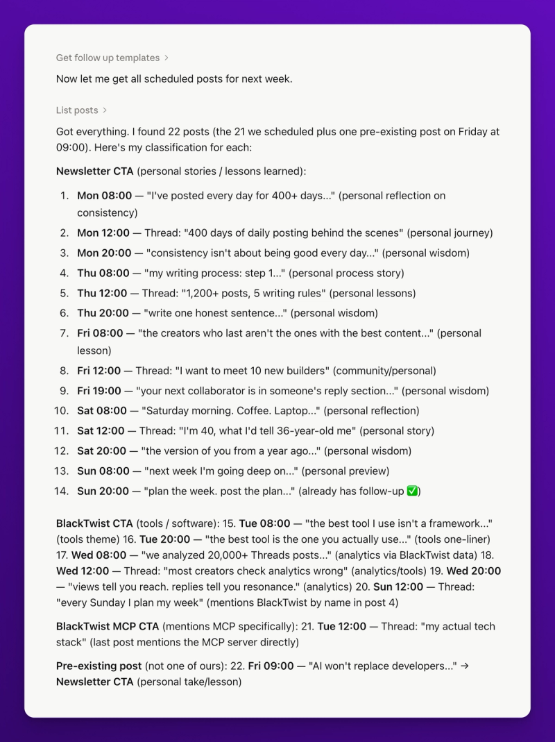 Claude displaying a table mapping each scheduled post to a follow up type based on its content