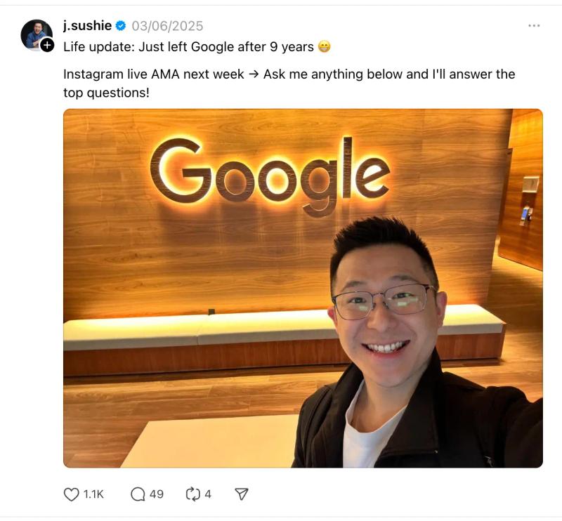 Example of Ask-Me-Anything Threads content idea example with creator announcing departure from Google and upcoming Instagram live AMA.