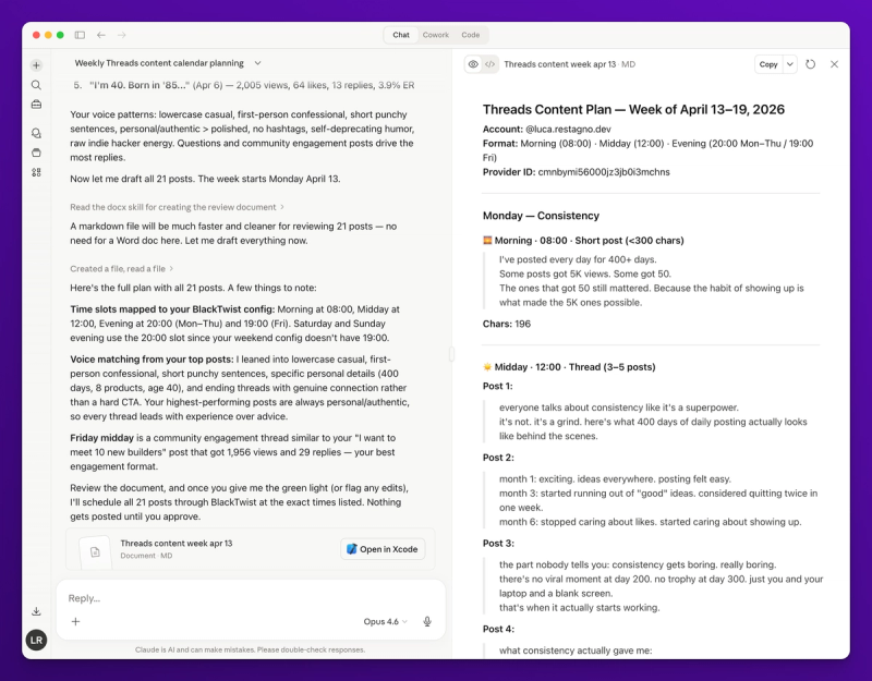 Claude displaying all 21 posts organized by day from Monday to Sunday with morning, midday, and evening slots clearly labeled