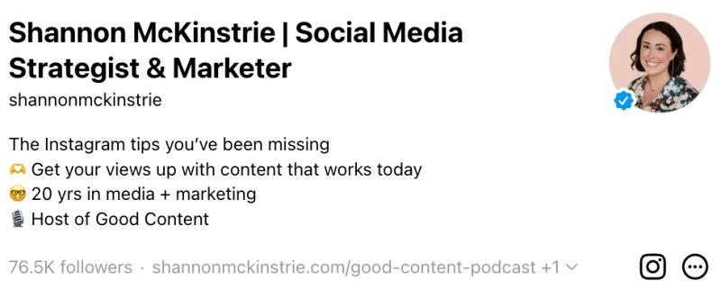 Screenshot of Shannon McKinstrie’s Instagram profile bio, a social media strategist referenced in a Meta Threads Monetization article.