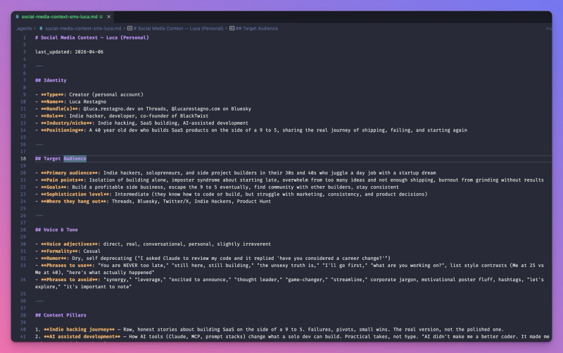 The generated social media context file open in an editor showing sections for identity, target audience, voice and tone, content pillars, and platform preferences