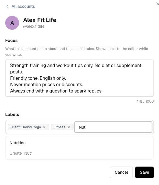 Account details with Focus and Labels