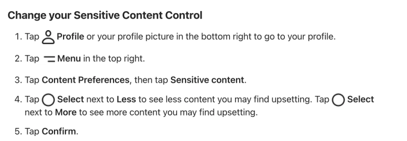 Privacy in Threads settings showing Sensitive Content Control options in Content Preferences.