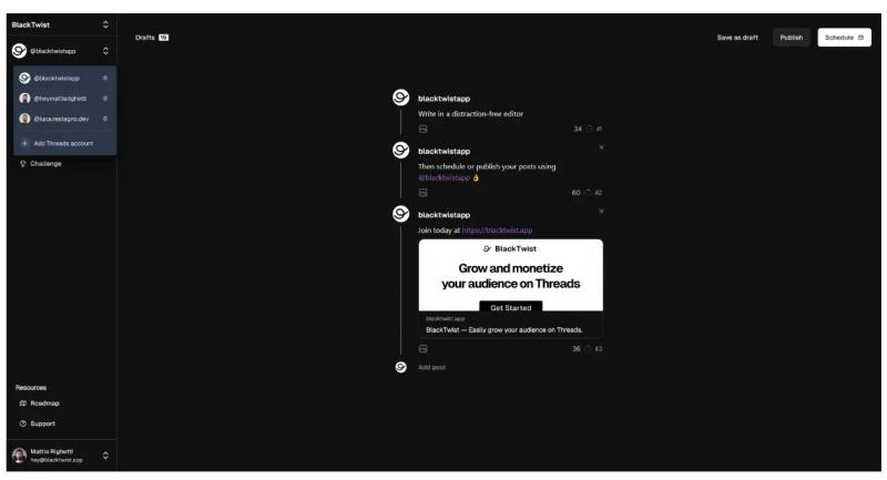 BlackTwist multi-account dashboard showing multiple Threads profiles and a thread editor with draft, publish, and schedule options.