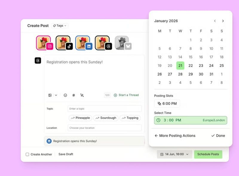 Buffer content calendar interface for scheduling Threads posts across channels