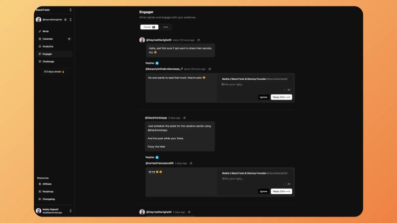 BlackTwist Engager dashboard for managing and replying to Threads comments