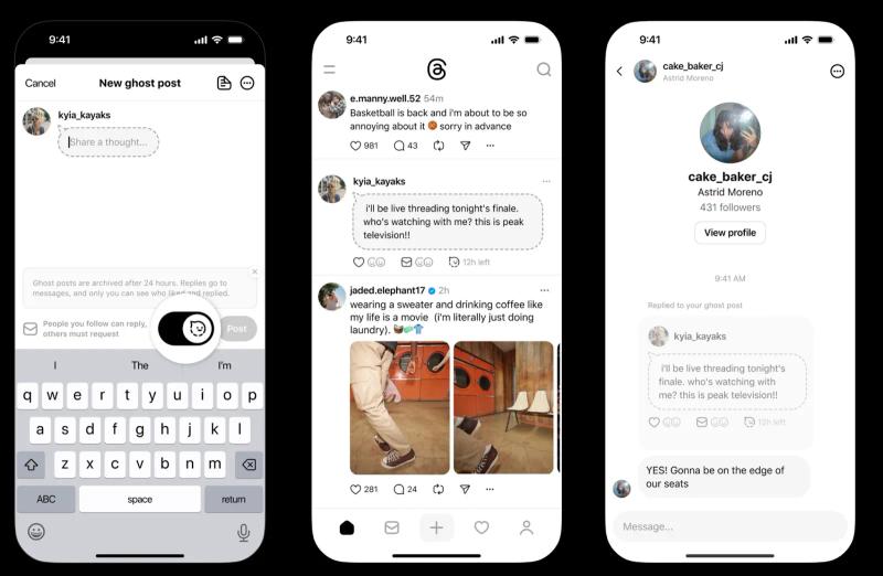Threads ghost post feature on iPhone, showing creating a ghost post, the feed view, and replies in messages.