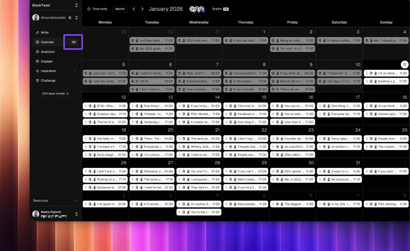 BlackTwist calendar view showing scheduled Threads posts, time slots, and a queue count for planning content.