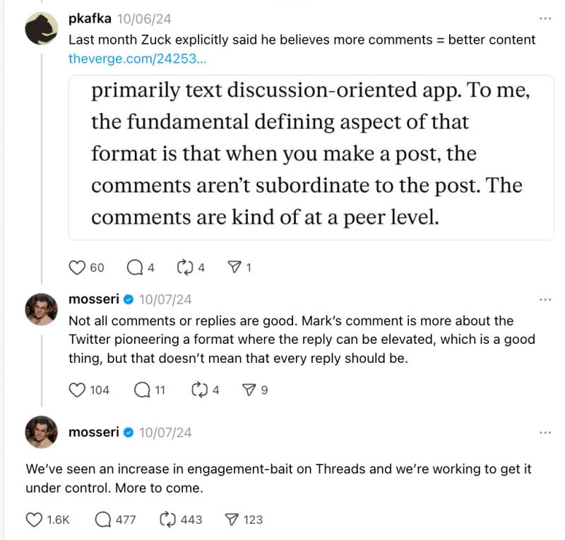 Social post screenshots: comment-driven ranking theory vs. moderation plans to reduce engagement-bait on Threads (2026 analysis).