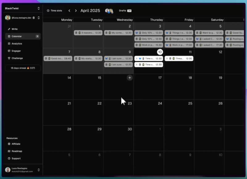 Content calendar dashboard (BlackTwist) showing scheduled Threads posts and drafts in April 2025, used to plan engagement-bait experiments.