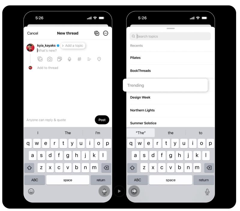 Screenshots of the Threads composer with topic tagging, showing Recents and Trending options.