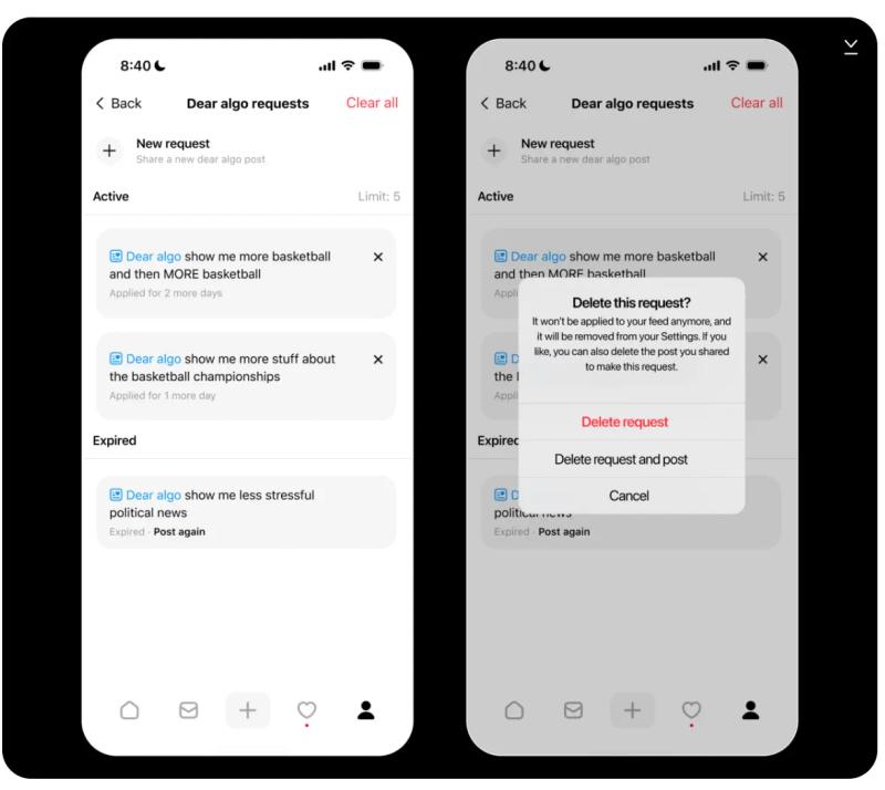 Two Threads screens showing “Dear algo” requests, including active and expired requests and the option to delete one.