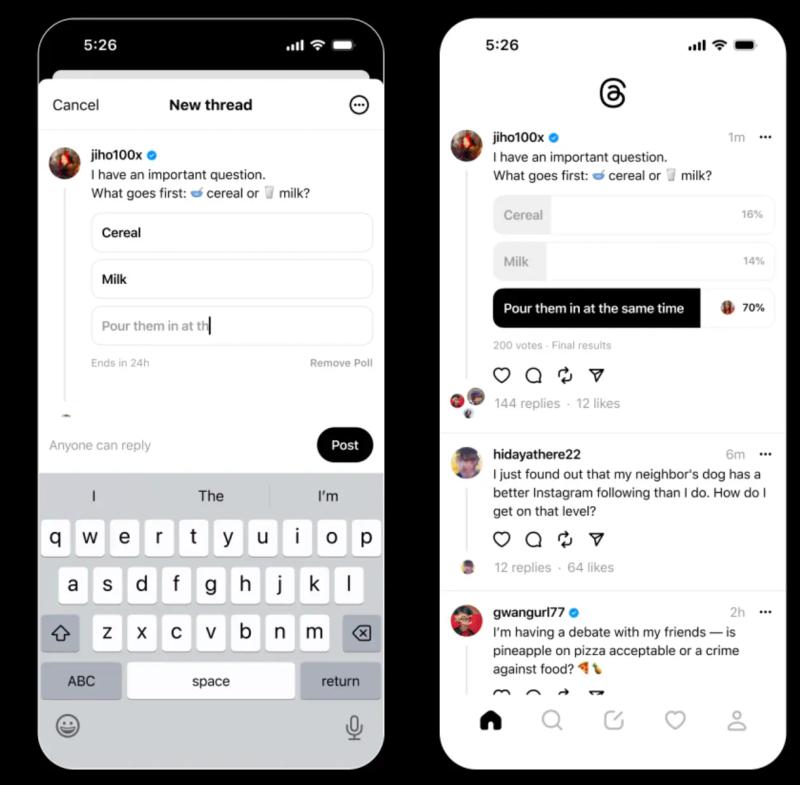 Threads app screens showing post creation and feed view on iPhone